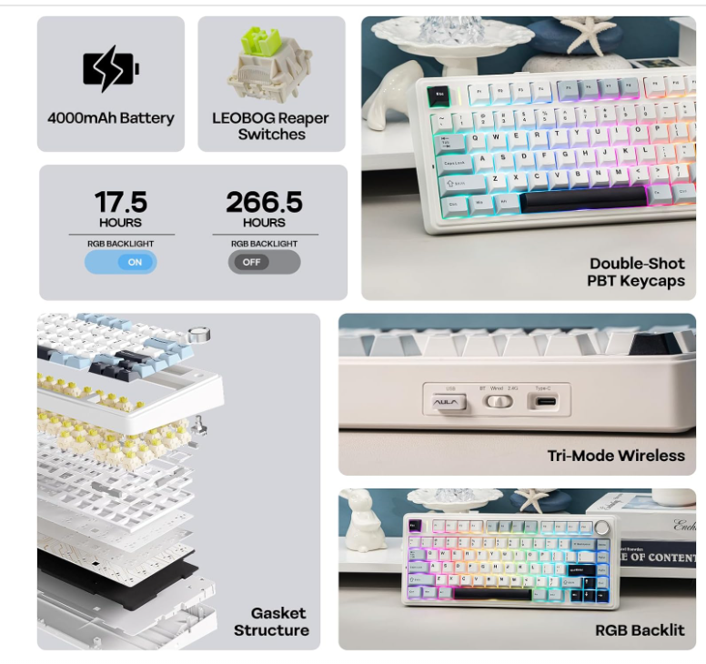 Epomaker x Aula F75 | Wireless Mechanical Gaming Keyboard | Light Blue, LEOBOG Reaper Switch